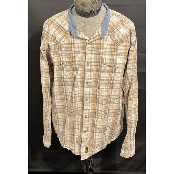 Wrangler Retro Shirt Mens 2XL Brown Blue Plaid Western Snap Denim Collar - Picture 2 of 9